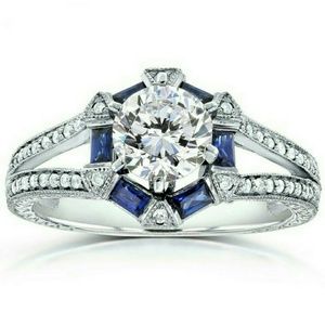 Art Deco 14K plated sterling  White Gold Sapphire moissanite ring …